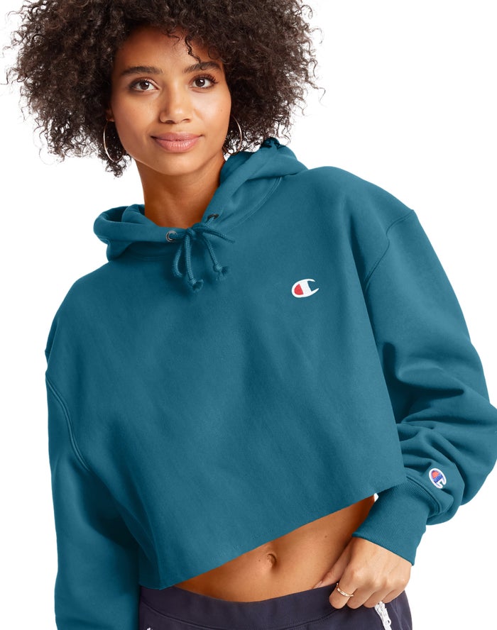 Champion Womens Hoodie NZ - Reverse Weave Cropped Cut-Off C Logo Blue ( 1083-EUBHI )